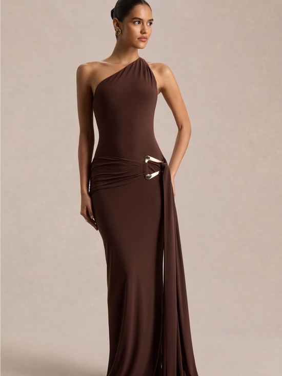 Club L London Dresses & Skirts - Club L London: BONNIE One-Shoulder Brown Evening Gown with Draped Buckle Detail